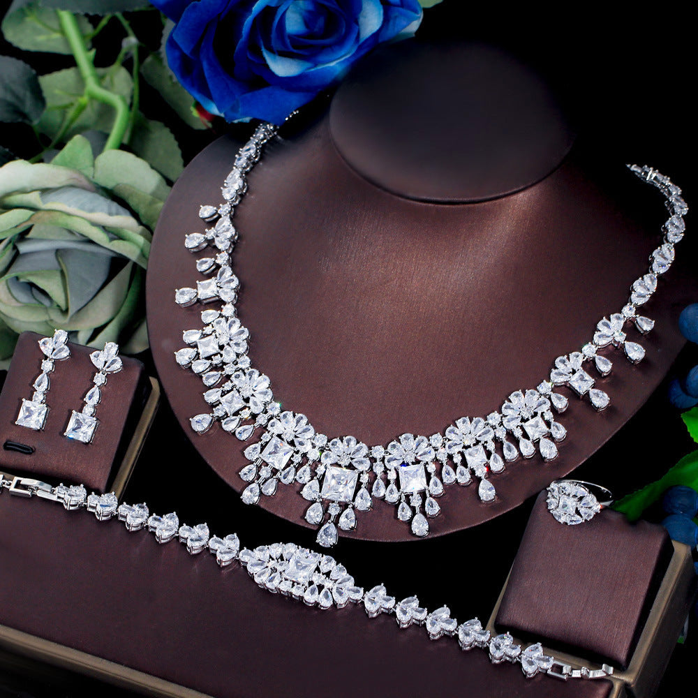 Four-piece Full Zircon Necklace With Bracelet, Ring, & Earrings