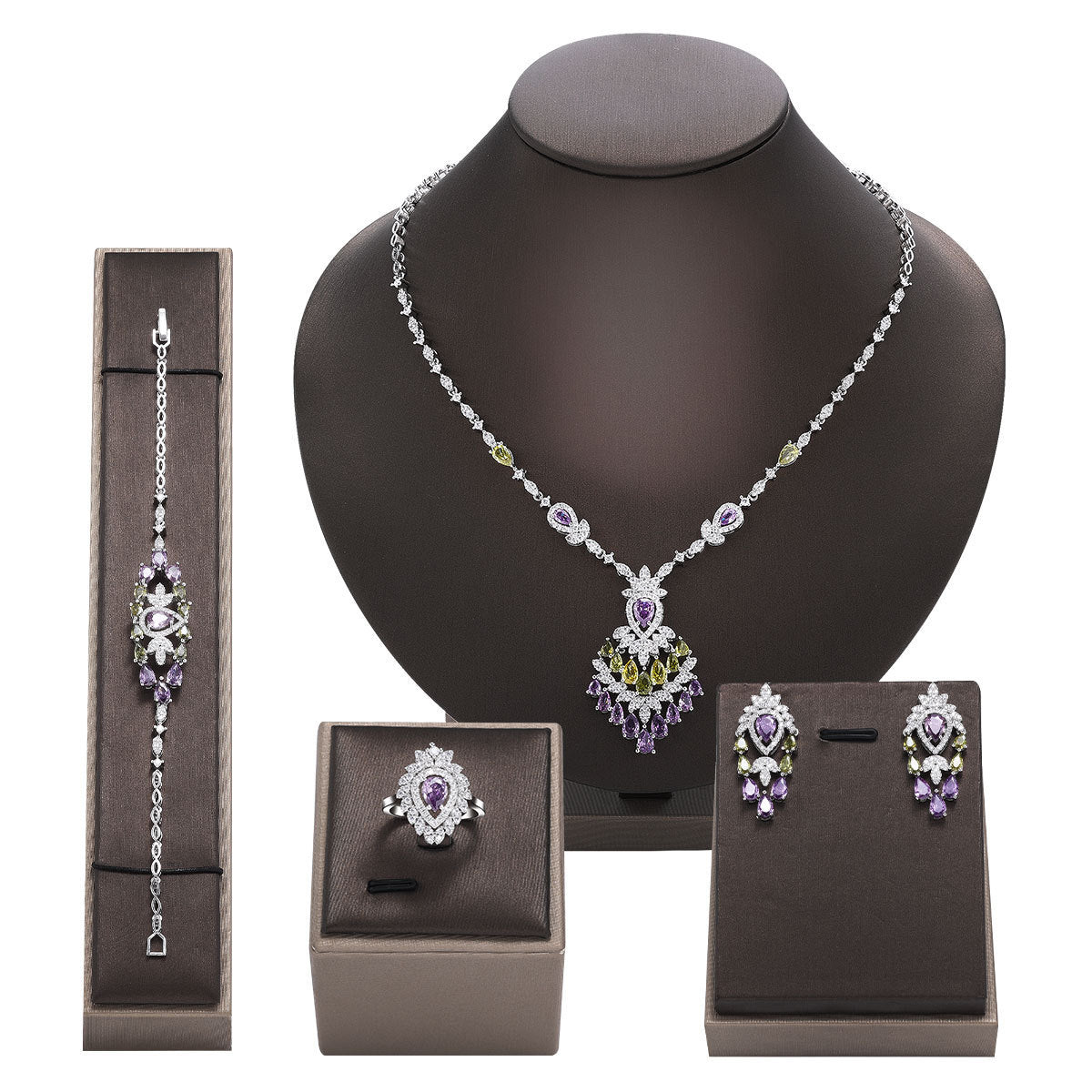 Zirconium Necklace & Earrings 4-piece Set