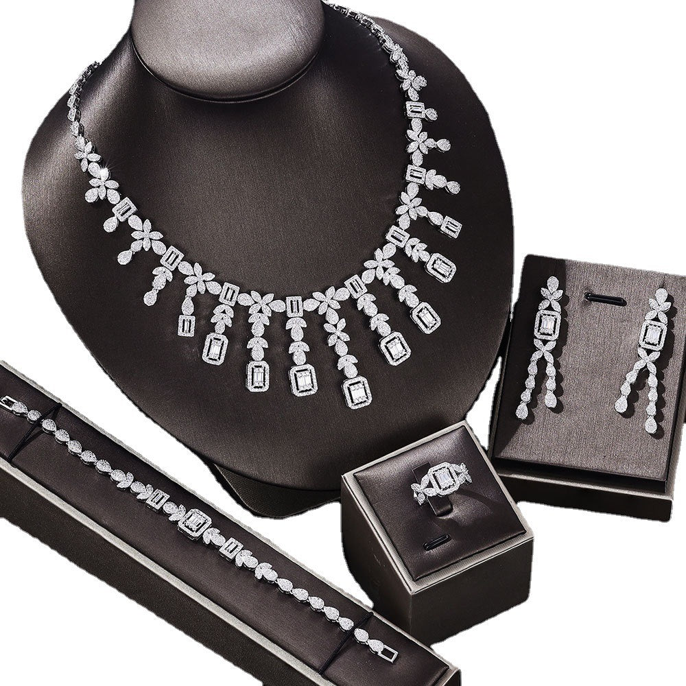 Zircon Necklace With Earrings & Bracelet With Ring Set Of Four