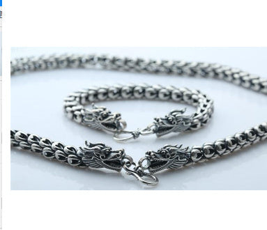 Double Chinese Dragon Heads Silver Vintage Chain