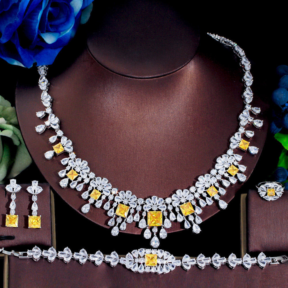 Four-piece Full Zircon Necklace With Bracelet, Ring, & Earrings