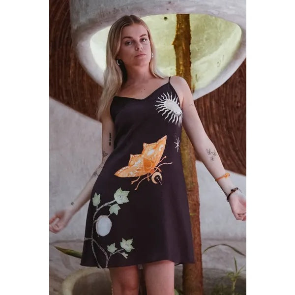 Silk Slip Dress In Black Jungle Butterfly