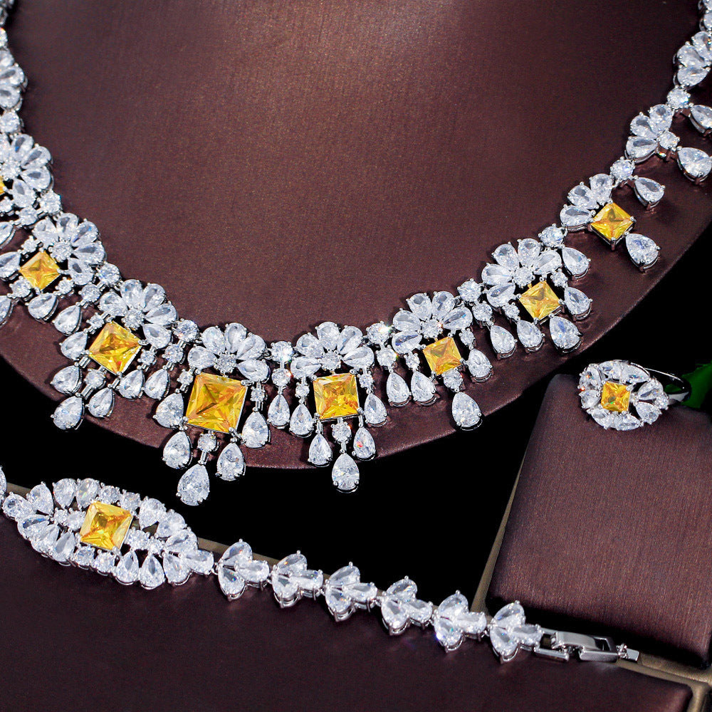 Four-piece Full Zircon Necklace With Bracelet, Ring, & Earrings