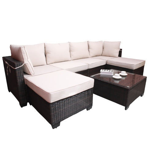 7Piece PE Rattan Wicker Cushioned Sofa Sets And Table