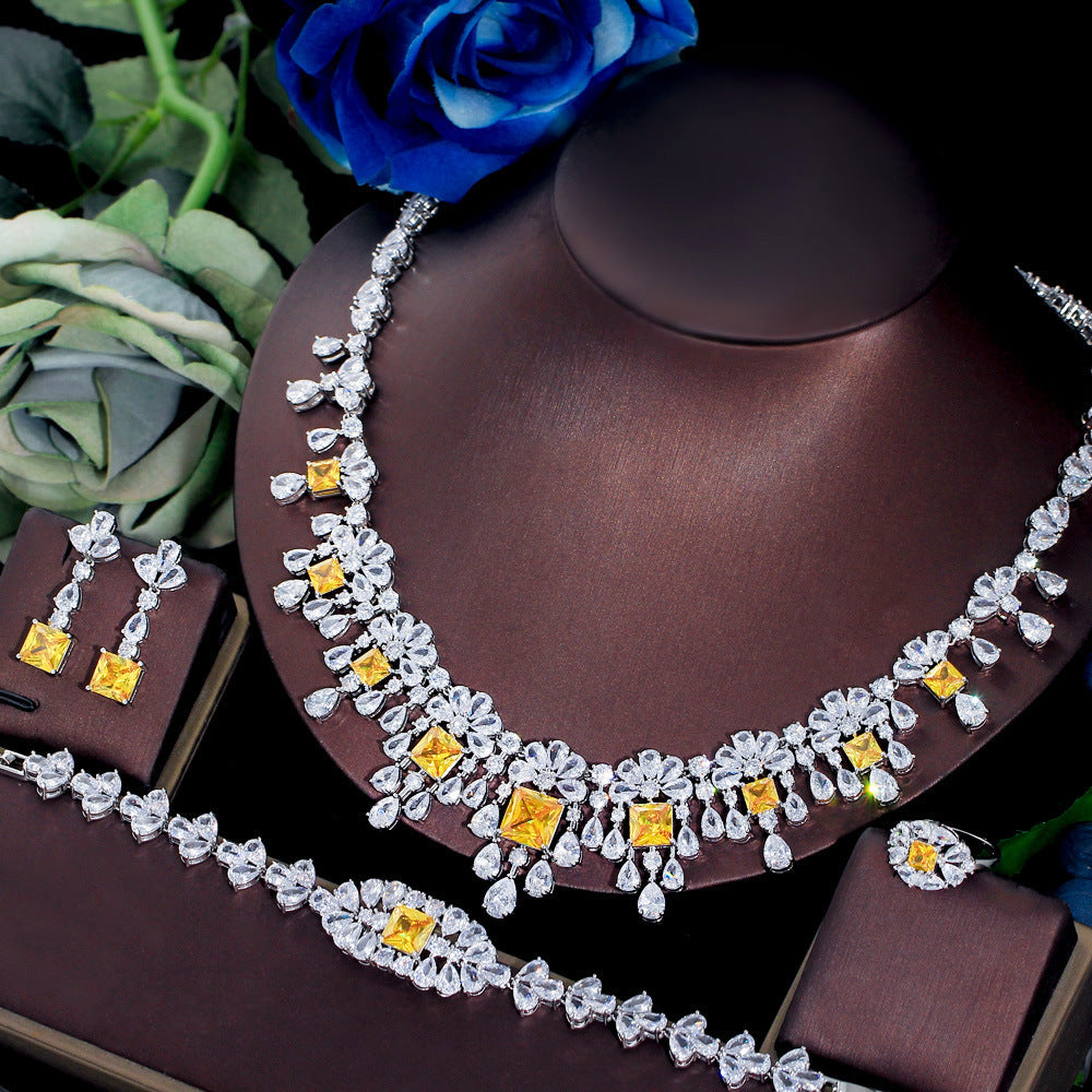 Four-piece Full Zircon Necklace With Bracelet, Ring, & Earrings