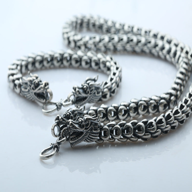 Double Chinese Dragon Heads Silver Vintage Chain