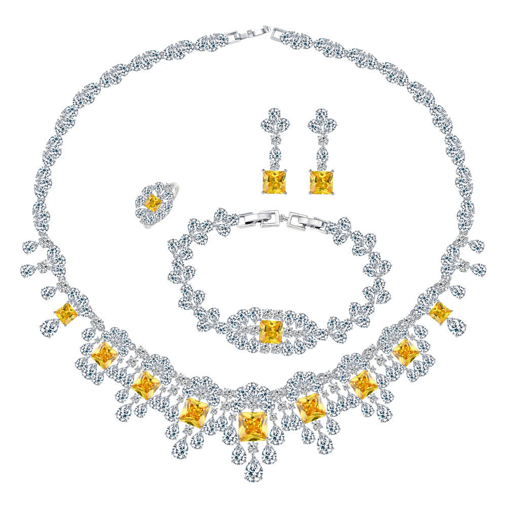 Four-piece Full Zircon Necklace With Bracelet, Ring, & Earrings