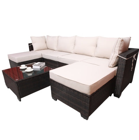 7Piece PE Rattan Wicker Cushioned Sofa Sets And Table