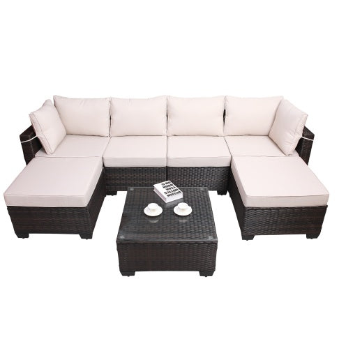 7Piece PE Rattan Wicker Cushioned Sofa Sets And Table