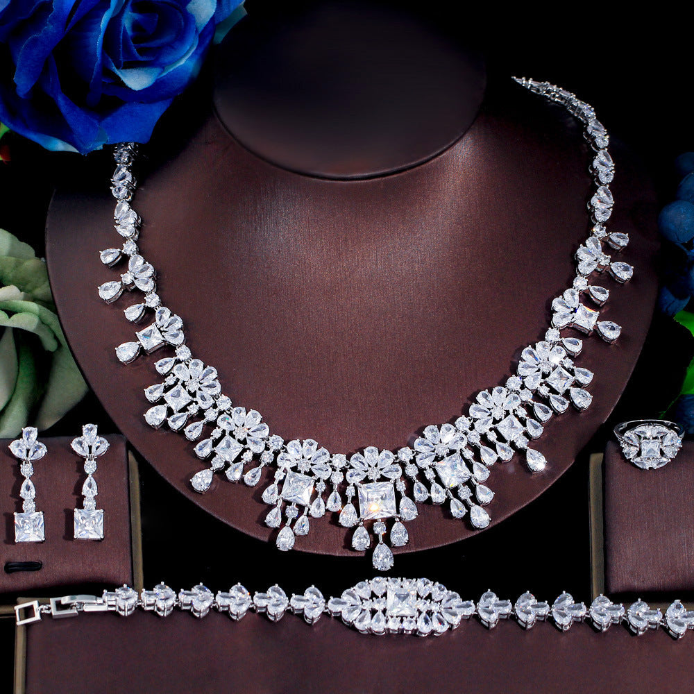 Four-piece Full Zircon Necklace With Bracelet, Ring, & Earrings