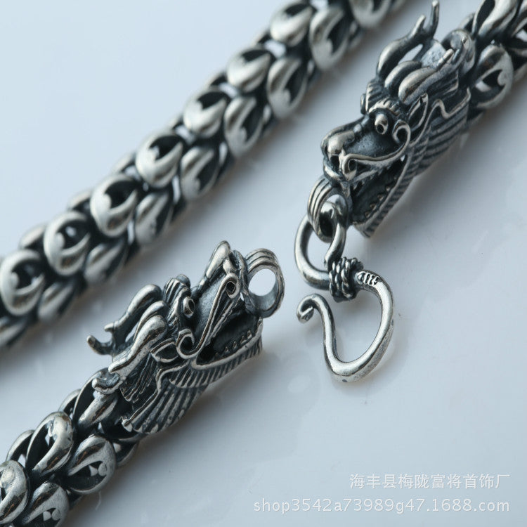 Double Chinese Dragon Heads Silver Vintage Chain